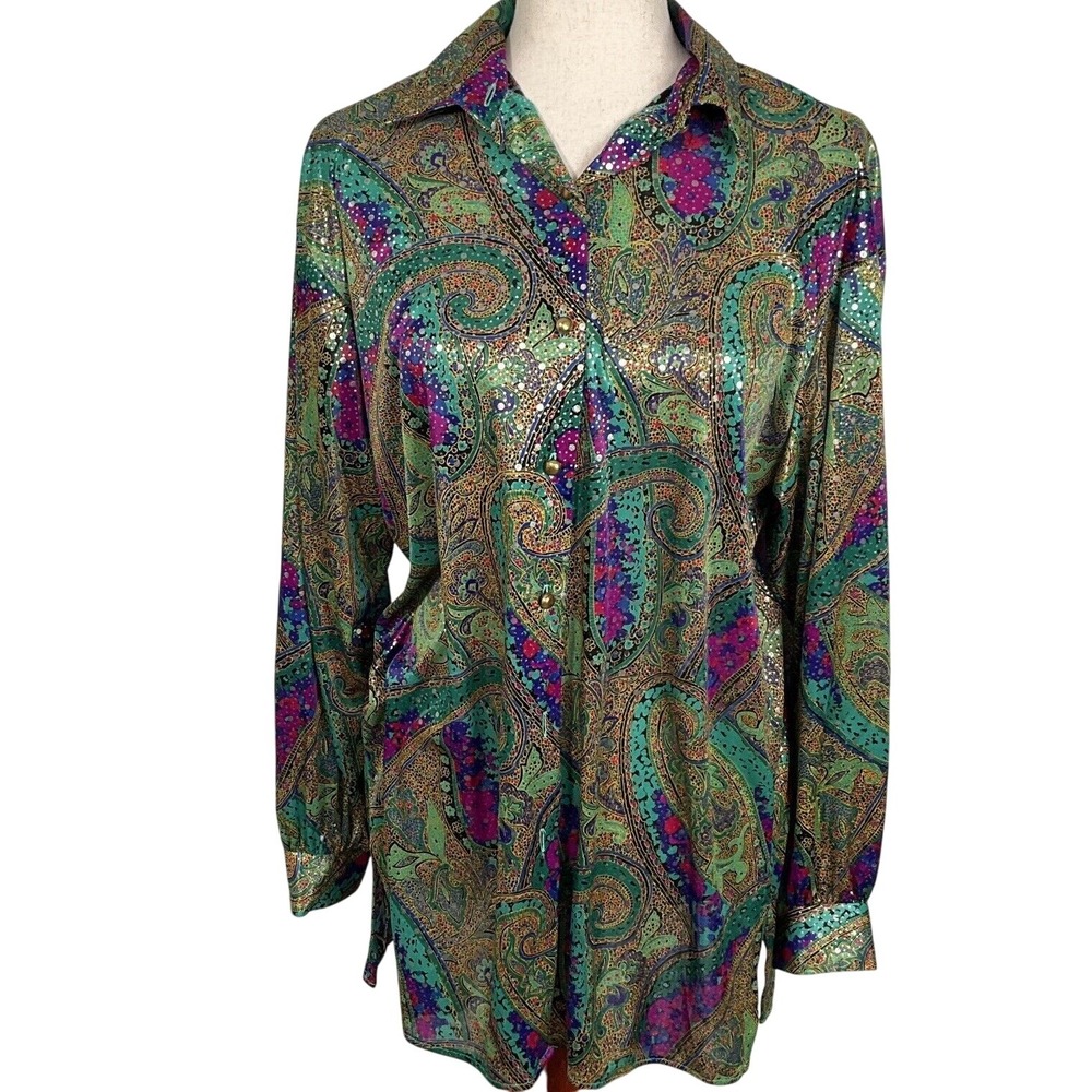 Orare Blouse Women L‎ Green Purple Paisley Glitter Dots Boho Metallic Party USA